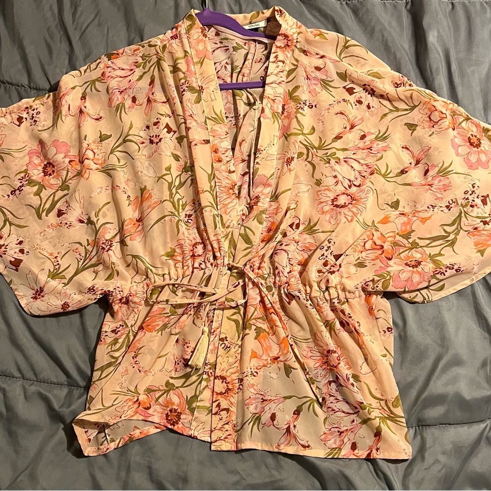 Peach and orange sheer floral top